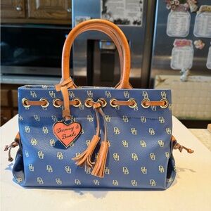 Dooney Bourke Mini Blue Multi Color Monogram  Canvas Coat Leather Tassel To…